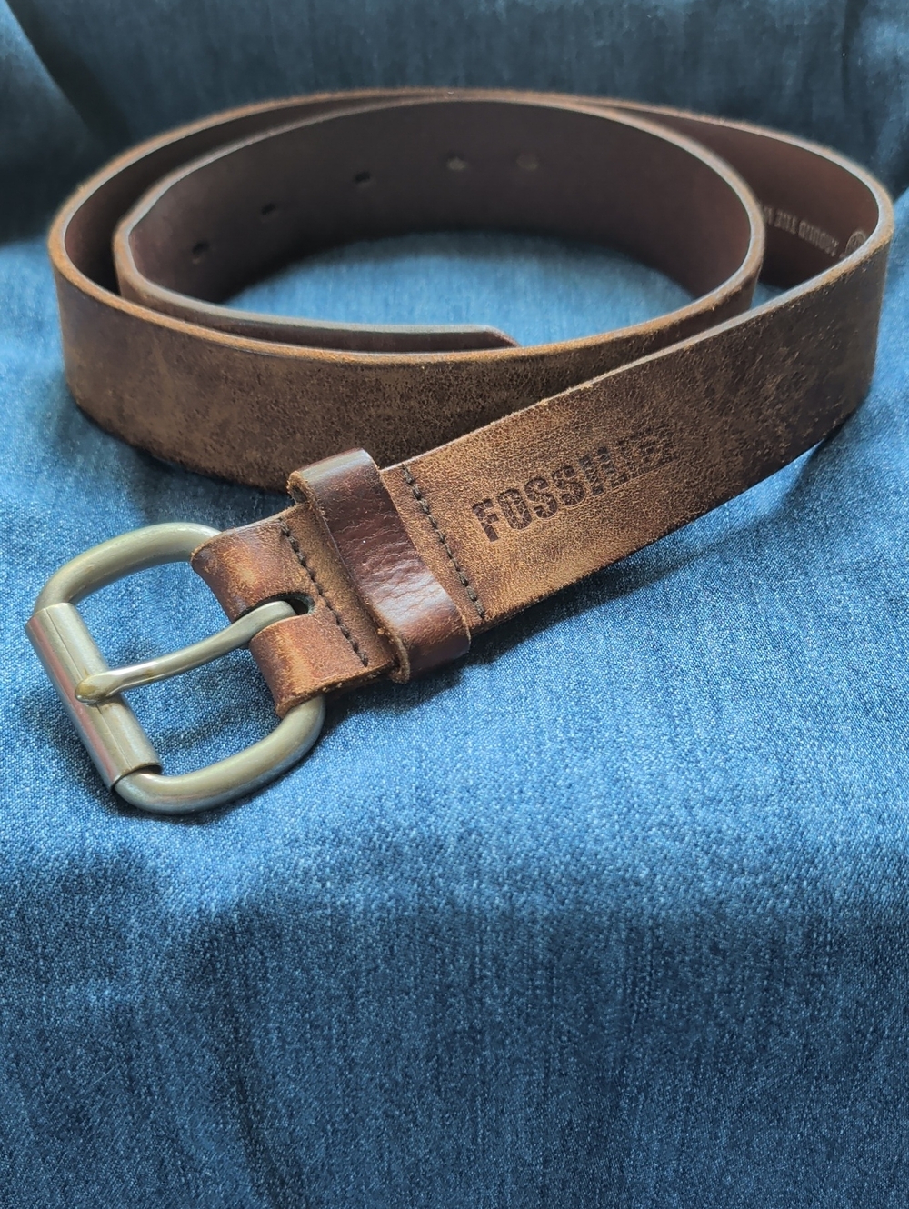 Fossil Belt Brown Leather 40.5" vintage thick silvertone buckle rugged staple